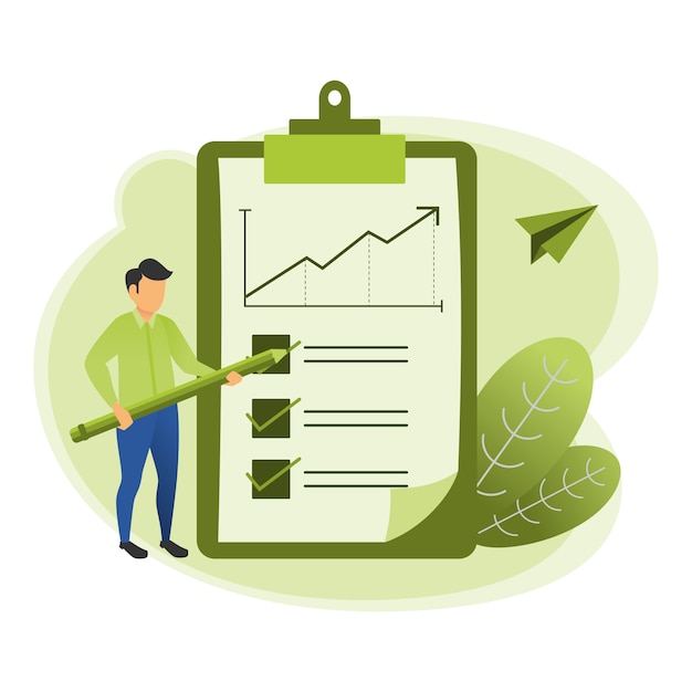 Illustration of an accountant checking the sales report using a pencil with leaf