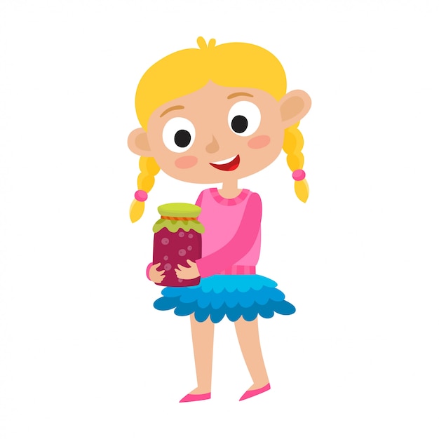  illustration of adorable little blonde girl and berries jam