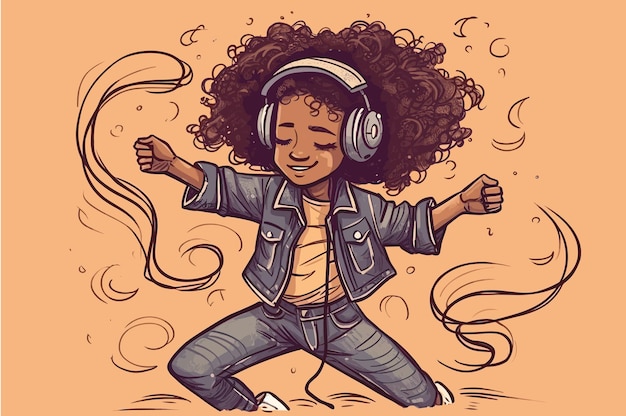 Illustration of an afro girl with headphones listening to music