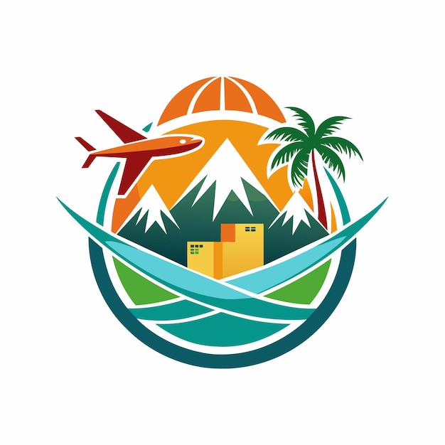 An illustration of an airplane flying over mountains and a palm tree in a circle symbolizing travel and adventure