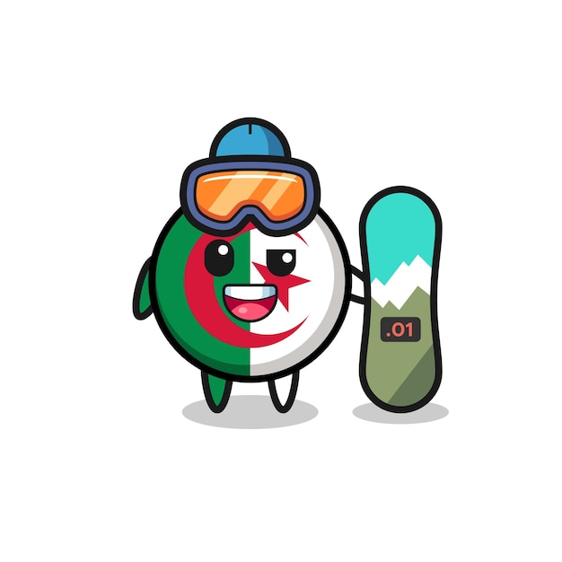 Illustration of algeria flag character with snowboarding style cute design