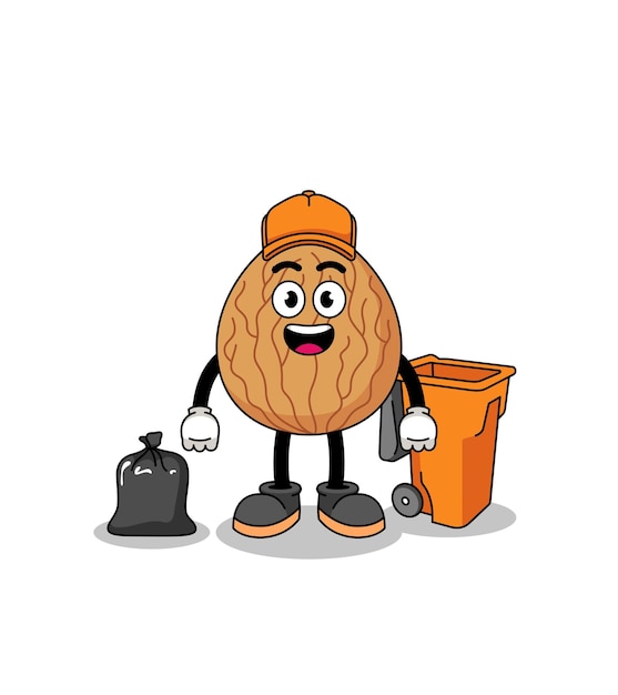 Illustration of almond cartoon as a garbage collector character design