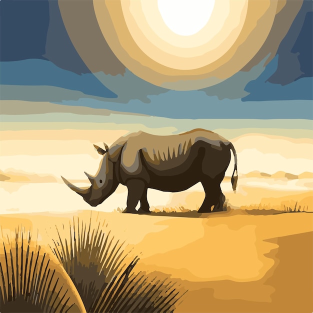 Illustration of an alone rhinoceros in nature in a sunny day