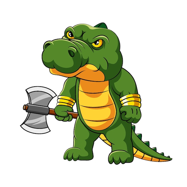 The illustration of the angry crocodile is standing and holding the big axe