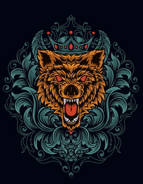 illustration angry wolf head with engraving ornament