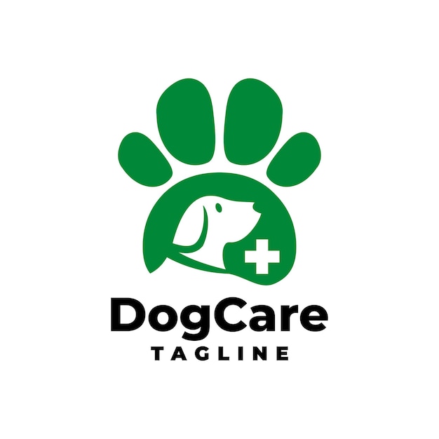 Illustration of an animal footprint with a dog and cross symbol inside dog care logo template