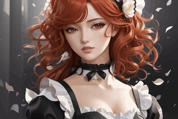 illustration the anime maid has wavy hair and an elegant dress