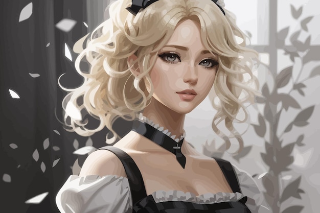 illustration the anime maid has wavy hair and an elegant dress