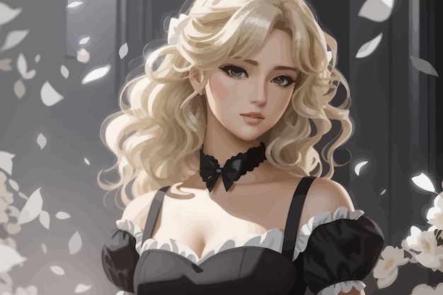 Vector illustration the anime maid has wavy hair and an elegant dress