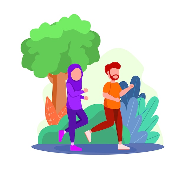 Illustration Arabian Couple Doing Jogging Activity Sport Running