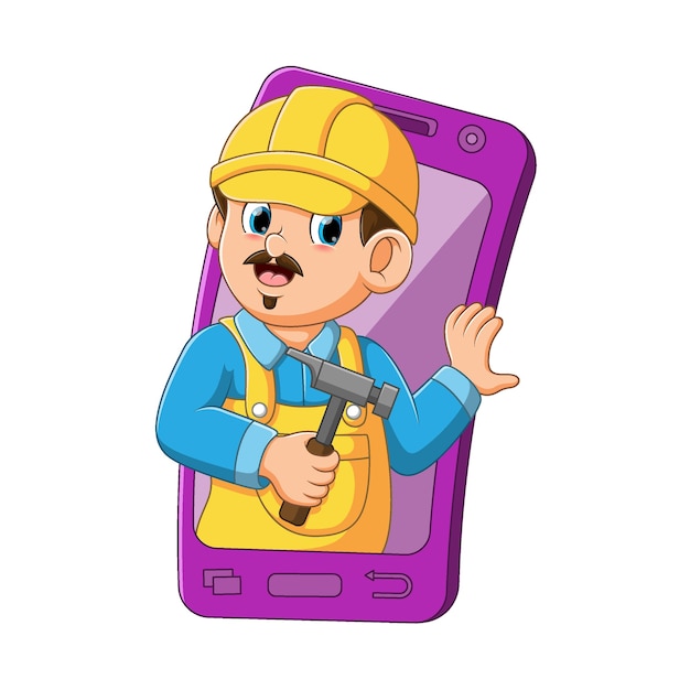 The illustration of the architect using the yellow helmet came out from the purple mobile smartphone