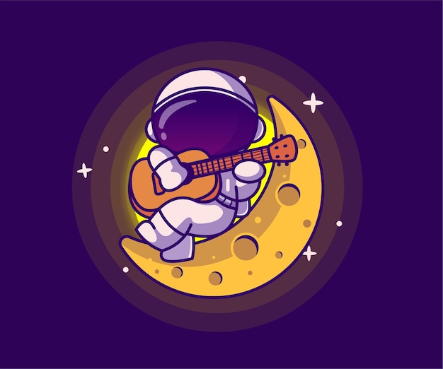 illustration of astronaut mascot playing guitar on the moon icon vector flat cartoon style