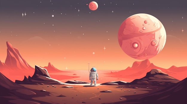 an illustration of an astronaut on the planet with the red planet in the background