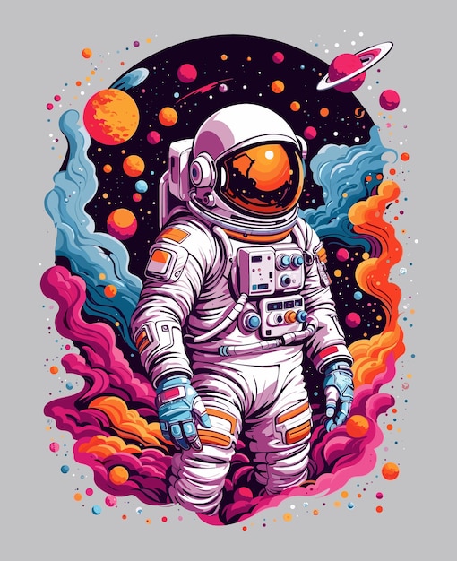 Illustration of an astronaut in space with various decorations