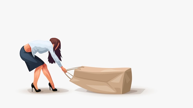 Illustration of attractive shopaholic woman on big sale dragging huge full paper bag