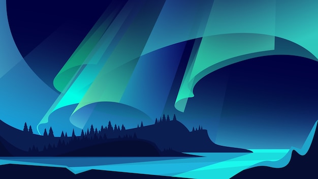 Vector illustration of aurora borealis. natural light show.