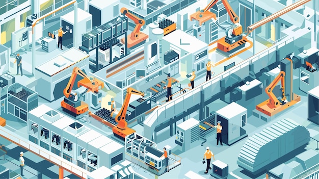 Vector illustration automated efficiency modern industry factory production line and workers in safety gear