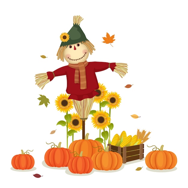 Illustration of autumn harvesting with cute scarecrow and pumpkins