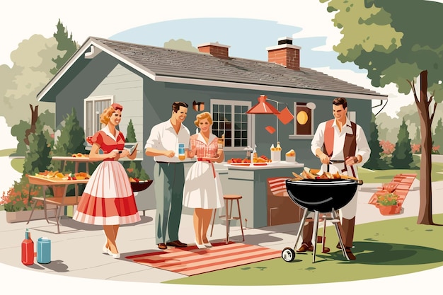 illustration backyard house barbecue family