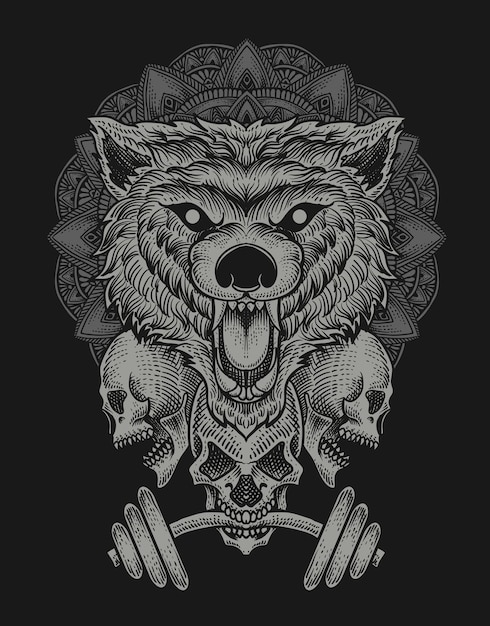 Illustration baddas wolf head with skull