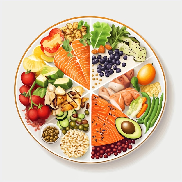 Vector illustration of a balanced diet plate featuring diverse food groups including seafood fruits vege