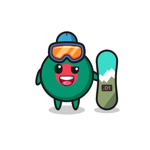 Illustration of bangladesh flag badge character with snowboarding style