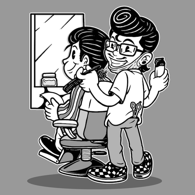 Illustration of a barber man doing a haircut for a client in funny rubber hose cartoon style