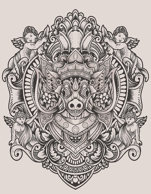 Illustration barong bangkung head with vintage engraving ornament