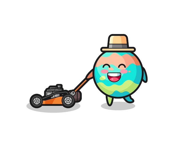 Illustration of the bath bombs character using lawn mower , cute style design for t shirt, sticker, logo element