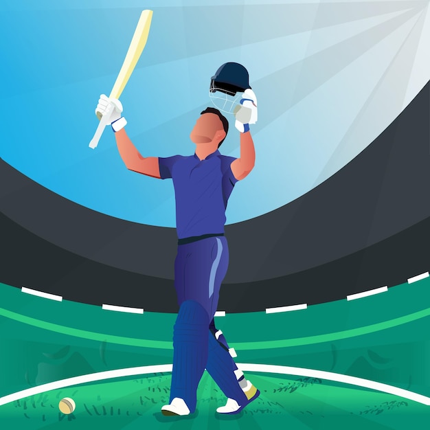 Illustration of a batsman cheering score on the field in a colorful background