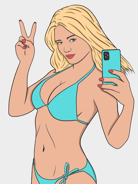 Vector illustration of beach girl taking selfie