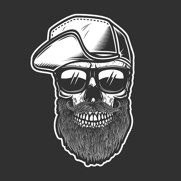 Vector illustration of bearded skull in baseball cap in engraving style design element for logo emblem sign poster card banner vector illustration