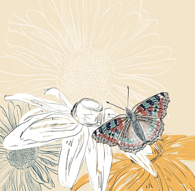 Illustration of beautiful butterflies flying around flower