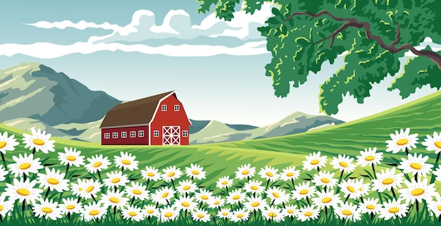 illustration of a beautiful flower scene on farmland with mountains and clear sky