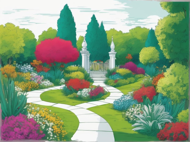 illustration of a beautiful garden with white flower