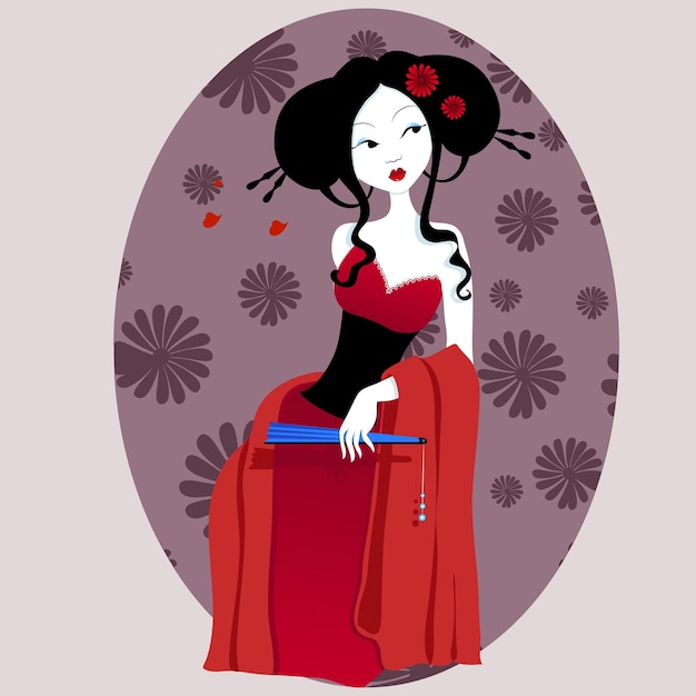 Illustration of a beautiful geisha in red dress very gentle and passionate