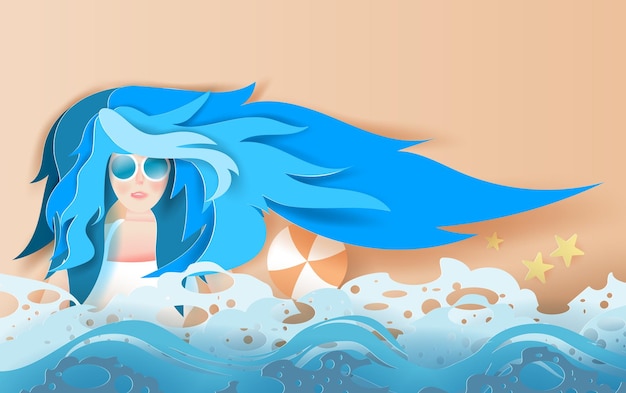 illustration of Beautiful girl with long hair with Sunbathing. Young woman is relaxing on beach. Creative design paper cut and craft style. Summertime for sea wave. vector. EPS10