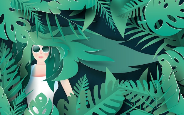 illustration of Beautiful girl with long hair. Young cute woman relaxing in tropical  jungle. People the sleeping for glasses in forest. Creative Design paper cut and craft. summer. vector. EPS10