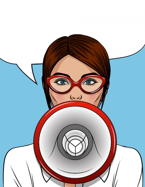 illustration of a beautiful girl with a loudspeaker in her hand. The office manager speaks in a megaphone. Portrait of a young girl in red glasses on a blue background with a mouthpiece