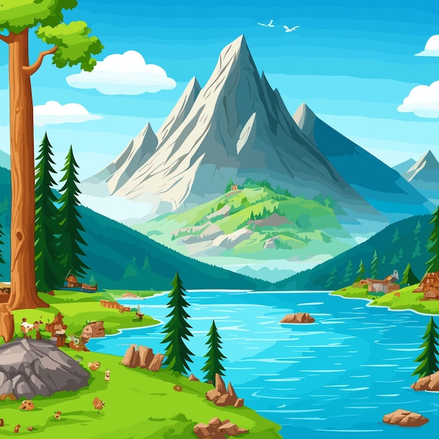 Illustration of a beautiful nature and mountain lake