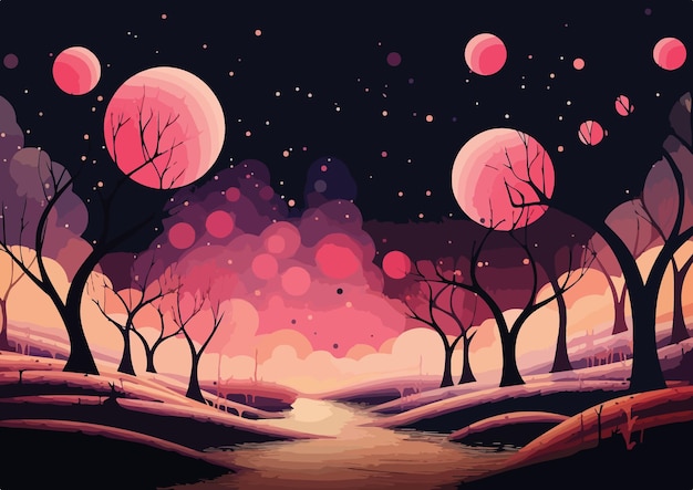 Vector illustration of a beautiful night landscape with trees and the moon