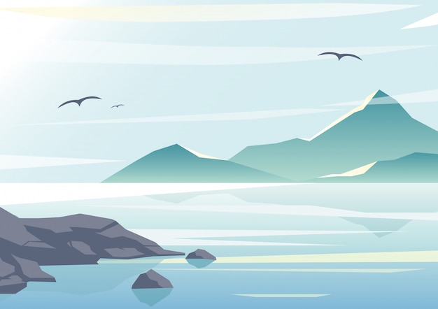   illustration of beautiful sea view, water of the ocean, rocks on the beach, mountains and sky background in pastel colors and flat design.