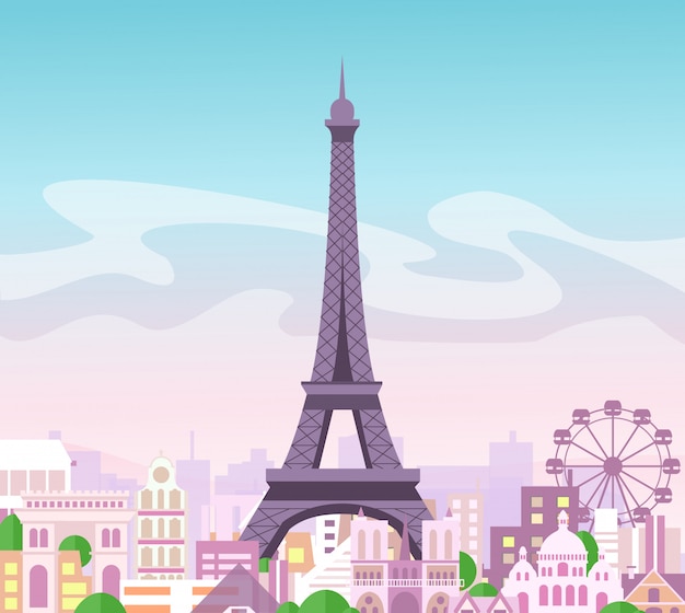  illustration of beautiful skyline city view with buildings and trees in pastel colors. Symbol of Paris in  cute e with city and Eiffel tower, France.