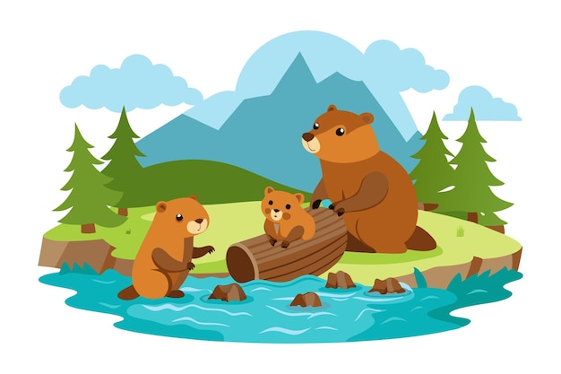 Vector illustration of a beaver family in nature by a river with mountains in the background