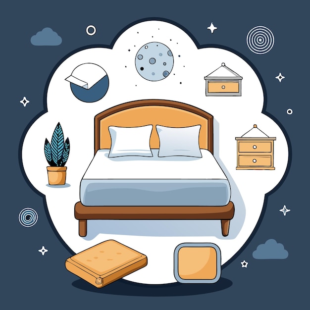 Vector illustration of a bed with pillows bedside tables and a plant in a pot with a moon a nightstand and clouds around it