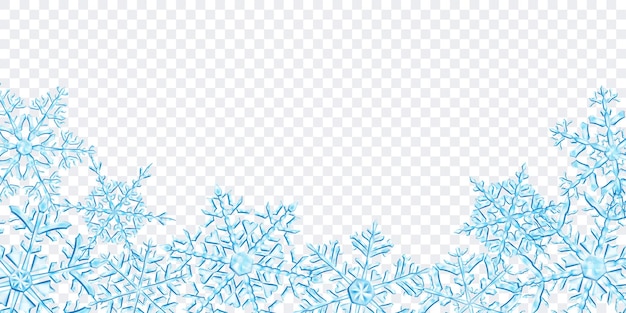 Illustration of big complex translucent Christmas snowflakes in light blue colors, located below, isolated on transparent background. Transparency only in vector format