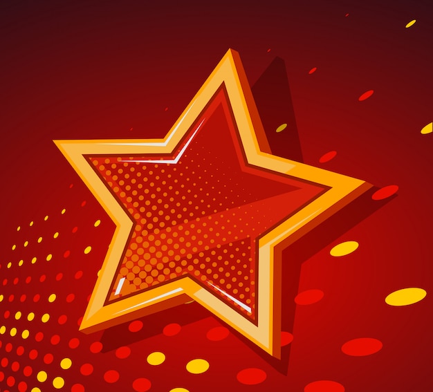  illustration of big golden star with glowing spots on dark red  background.