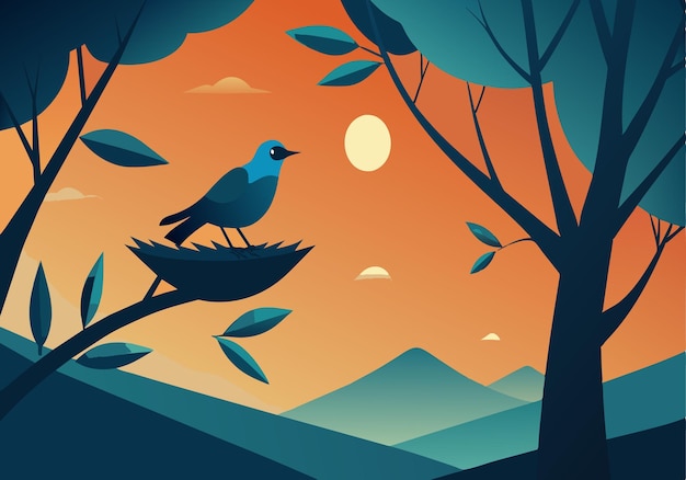 Vector illustration of bird on branch at sunset in nature