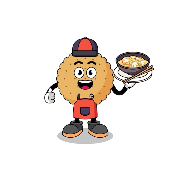 Illustration of biscuit round as an asian chef character design