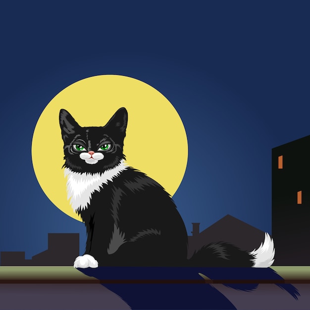 Illustration black cat on the roof